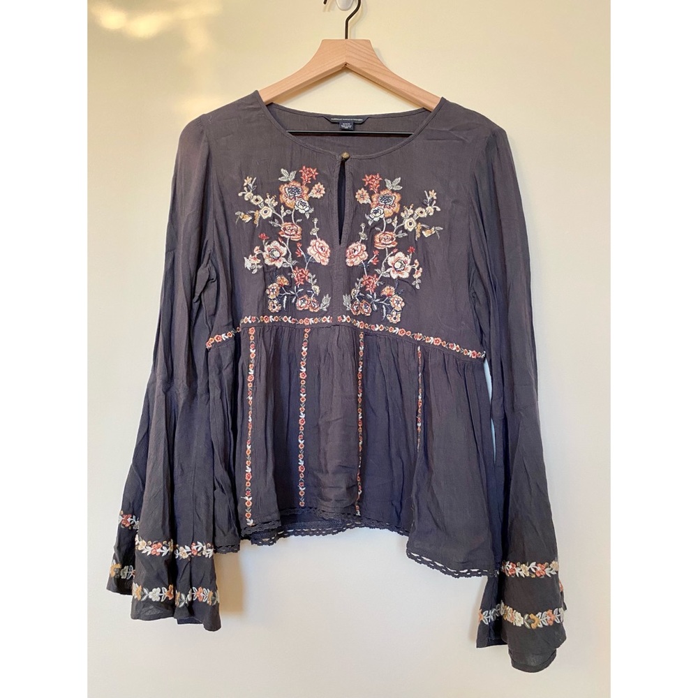American Eagle Embroidered Bell-Sleeve Long Sleeve Top